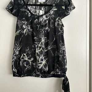 Calvin Klein Black and Gray Flutter Sleeve Blouse with Tie Front